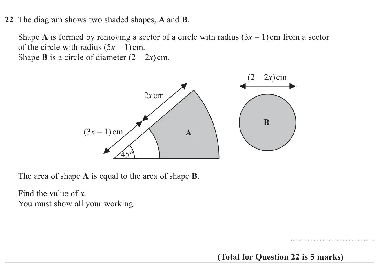 Set the area of a 45° sector ring equal to the area of a circle, form a quadratic and solve for x.