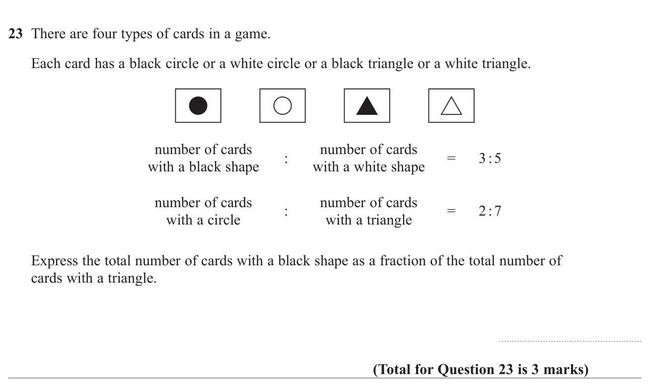 Use two ratios about card colours and shapes to write the black cards as a fraction of the triangle cards.