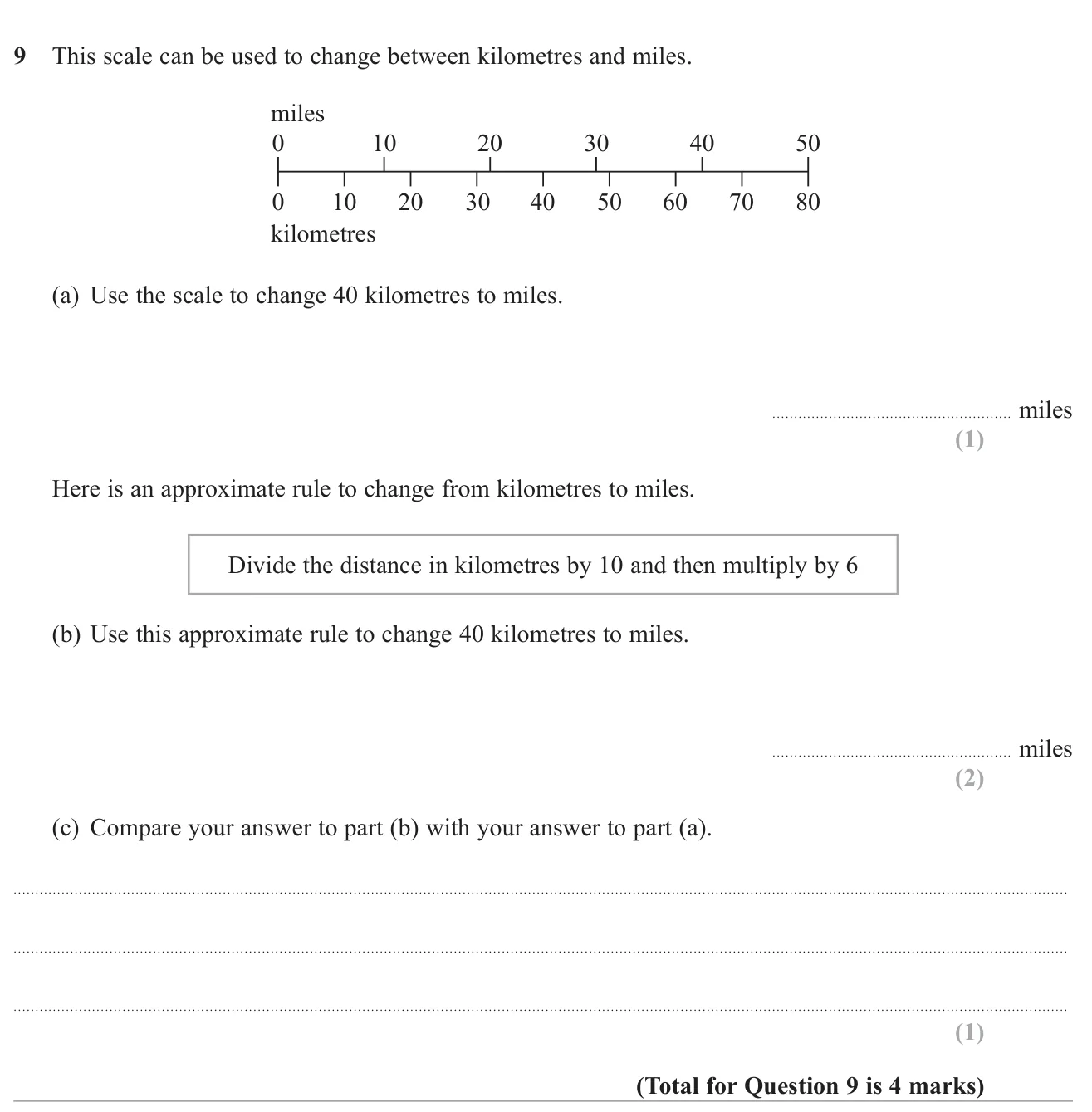 Convert 40 km to miles from a conversion scale and by a rough rule, then compare the two results.