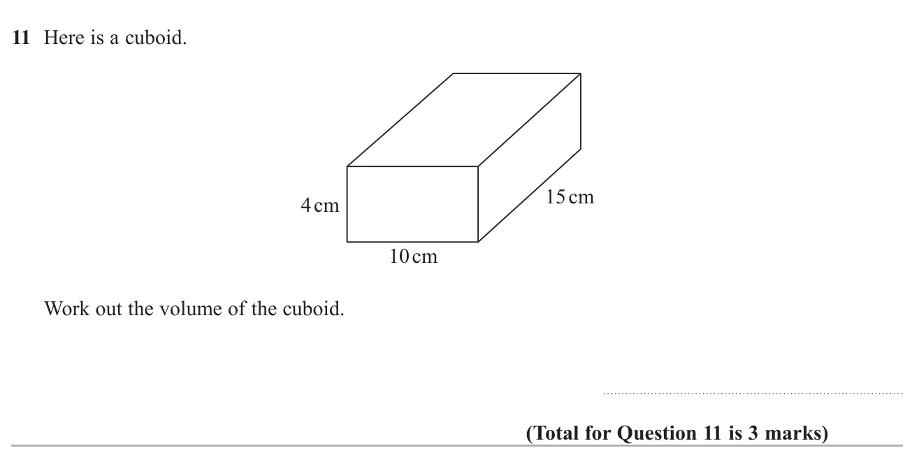 Find the volume of a cuboid from its three dimensions, with units.
