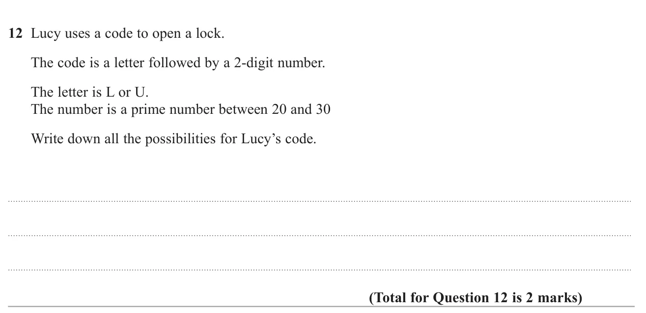 List every possible code made from one of two letters followed by a prime between 20 and 30.