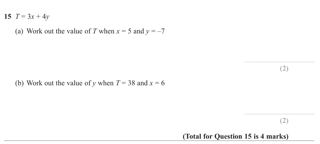 Substitute into a two-variable formula, including a negative value, then find an unknown by working backwards.