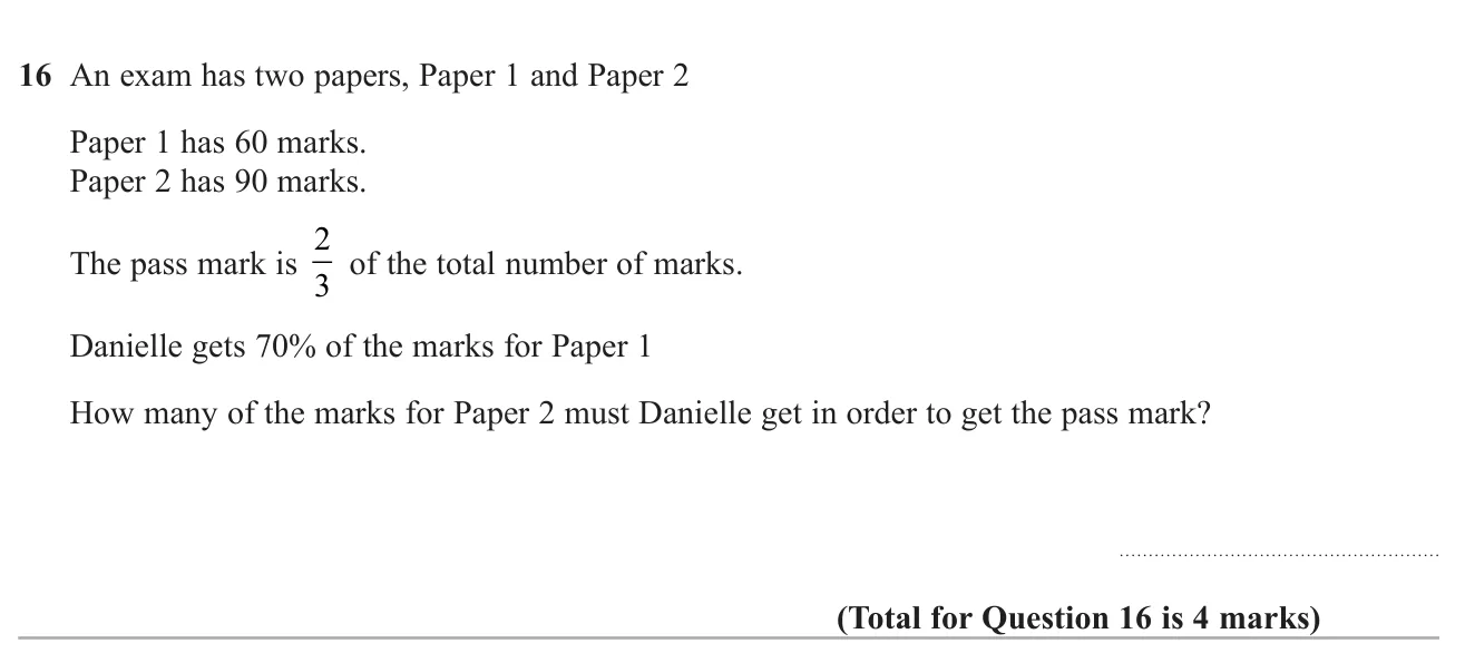 Find how many marks are needed on a second paper to reach a pass mark of two-thirds of the total.