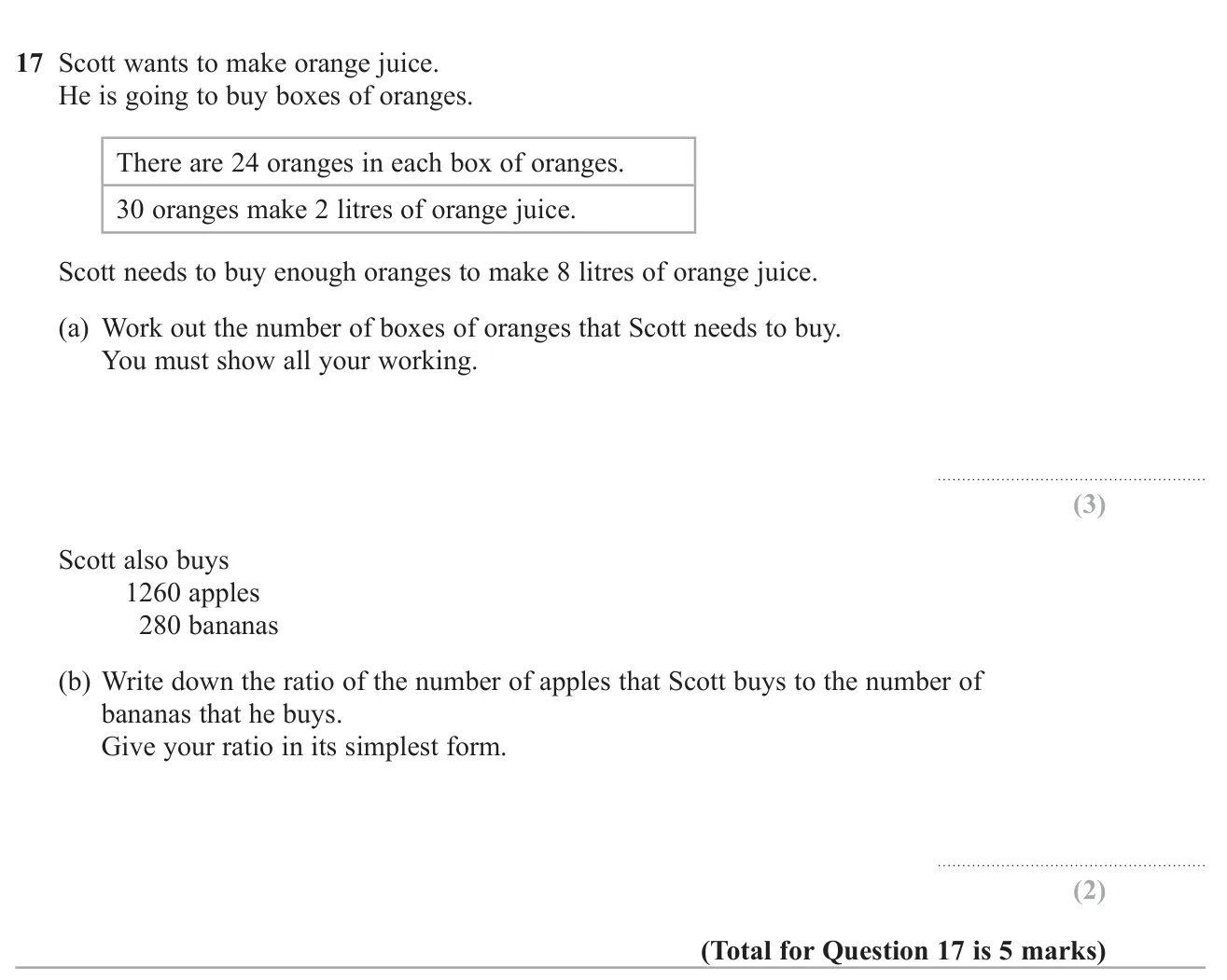 Work out how many boxes of oranges are needed for a given amount of juice, then simplify a ratio of apples to bananas.