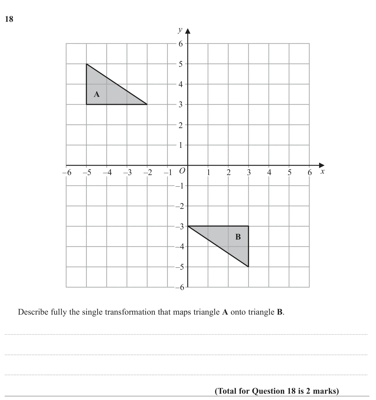 Describe the single transformation that maps one triangle onto another on a coordinate grid.