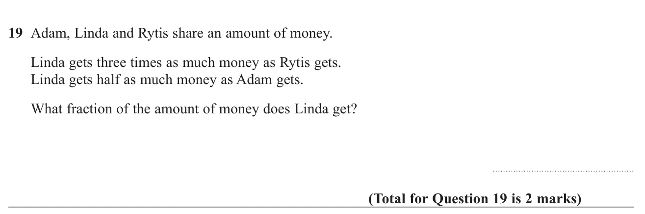 Find the fraction of a shared amount that one person gets, given how the three shares compare.