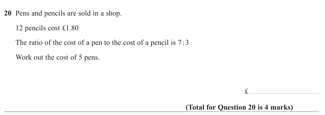 Use the price of a pack of pencils and a pen-to-pencil price ratio to find the cost of five pens.