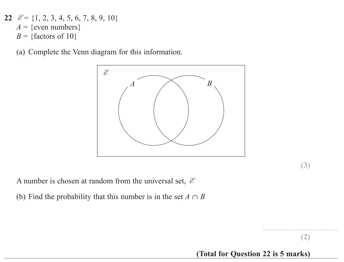 Sort the numbers 1 to 10 into a Venn diagram of even numbers and factors of 10, then find a probability for the intersection.