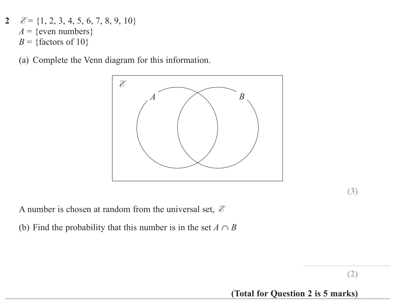 Sort the numbers 1 to 10 into a Venn diagram of even numbers and factors of 10, then find a probability for the intersection.