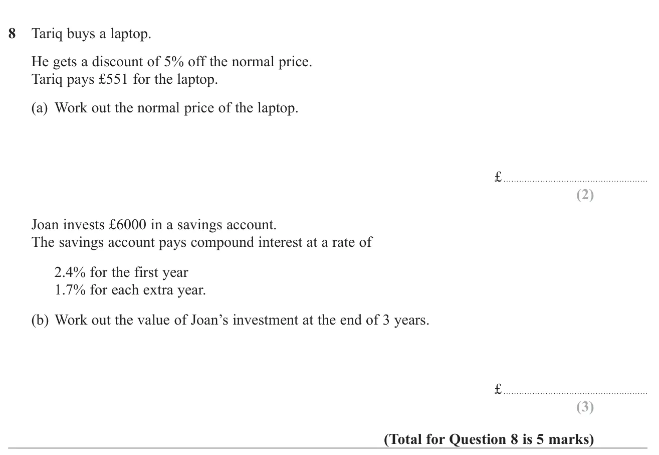 Find an original price after a 5% discount, then find the value of a savings investment with different compound interest rates in different years.