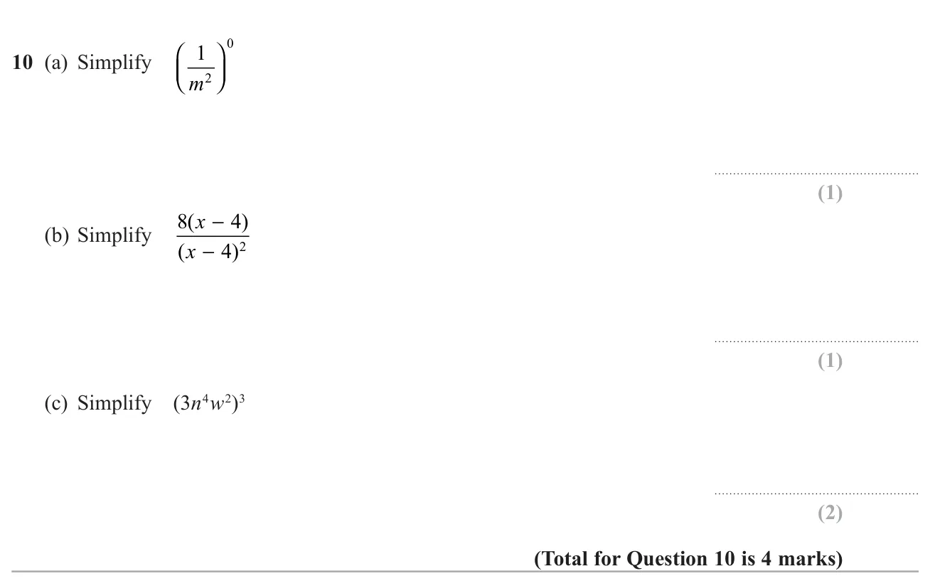 Simplify an expression raised to the power 0, cancel an algebraic fraction, and raise a product of powers to a power.