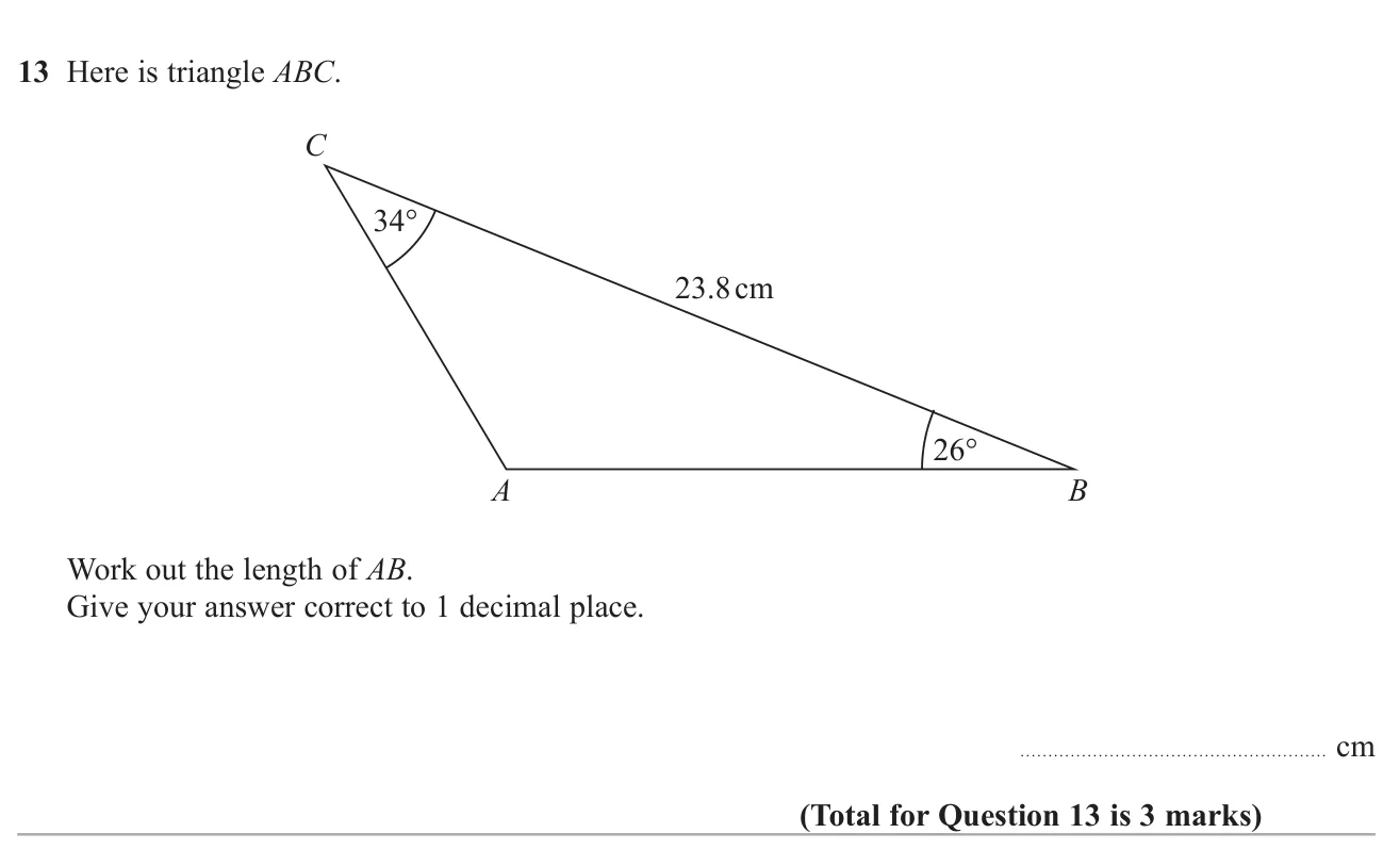 Find a side of a non-right-angled triangle using the sine rule after working out the missing angle.