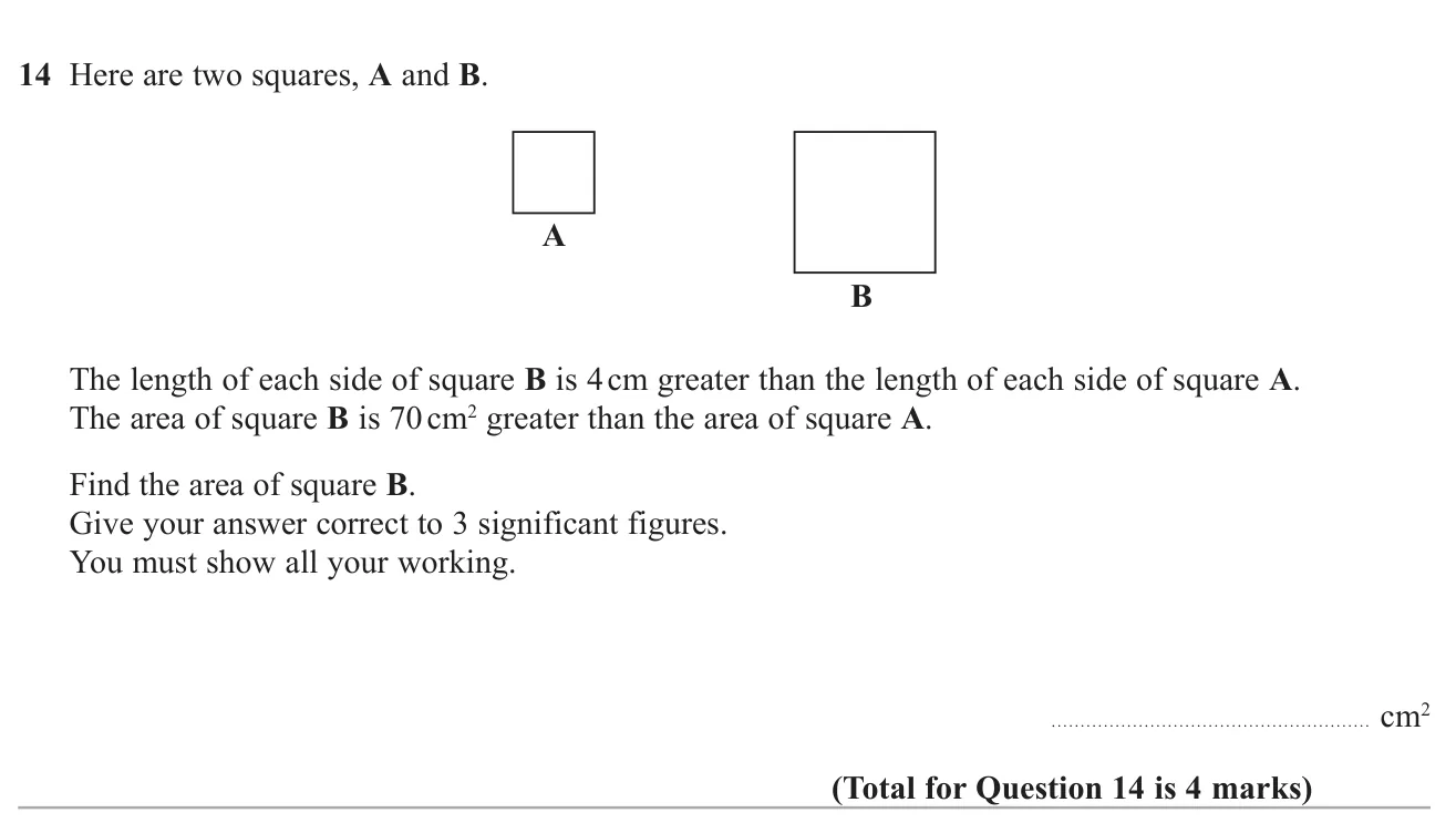 Set up and solve an equation for two squares whose sides differ by 4 cm and areas differ by 70 cm², then find the larger area.