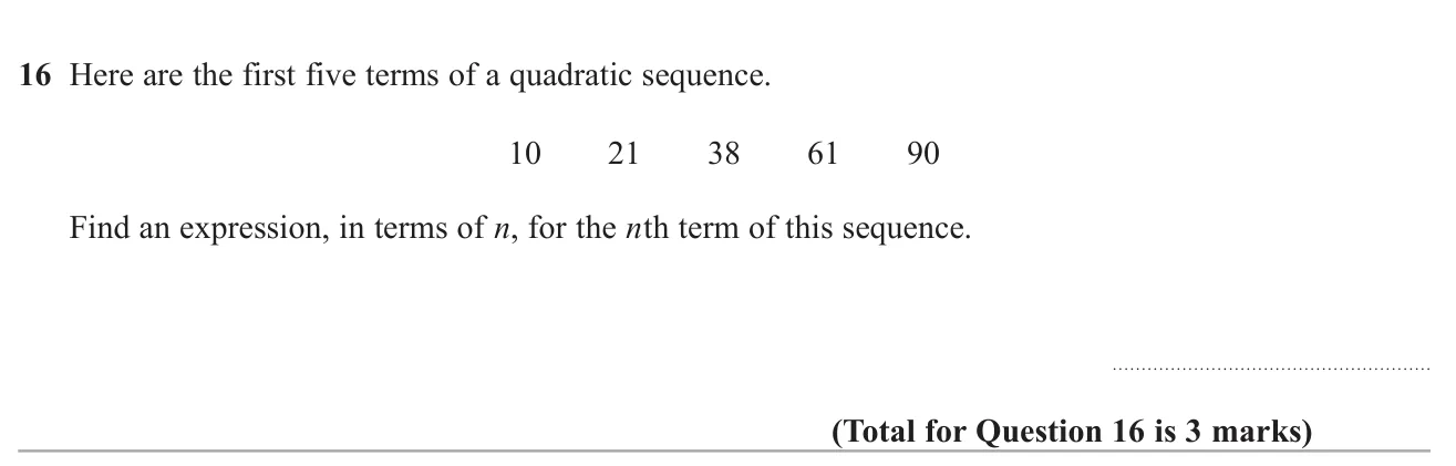 Find the nth term of a quadratic sequence.