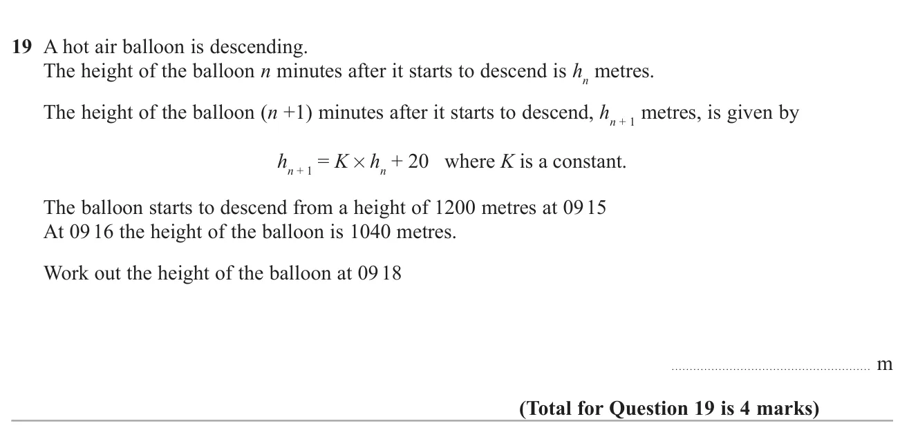 Use a recurrence relation to find an unknown constant from two heights, then find the height two minutes later.