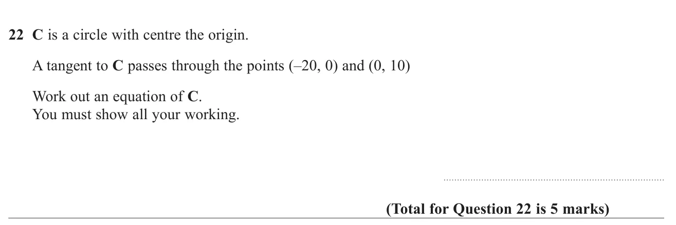 Find the equation of a circle centred at the origin, given two points on one of its tangents.