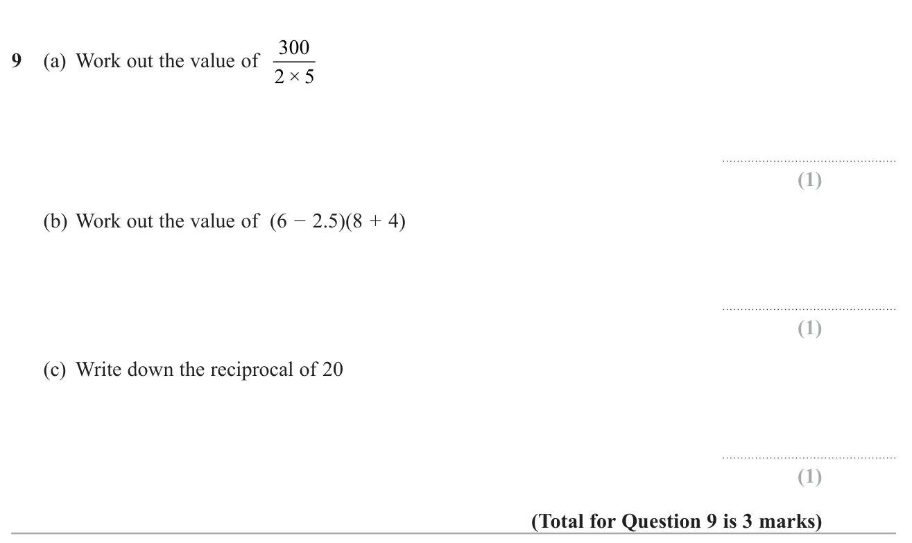 Evaluate two calculations using order of operations and write down a reciprocal.