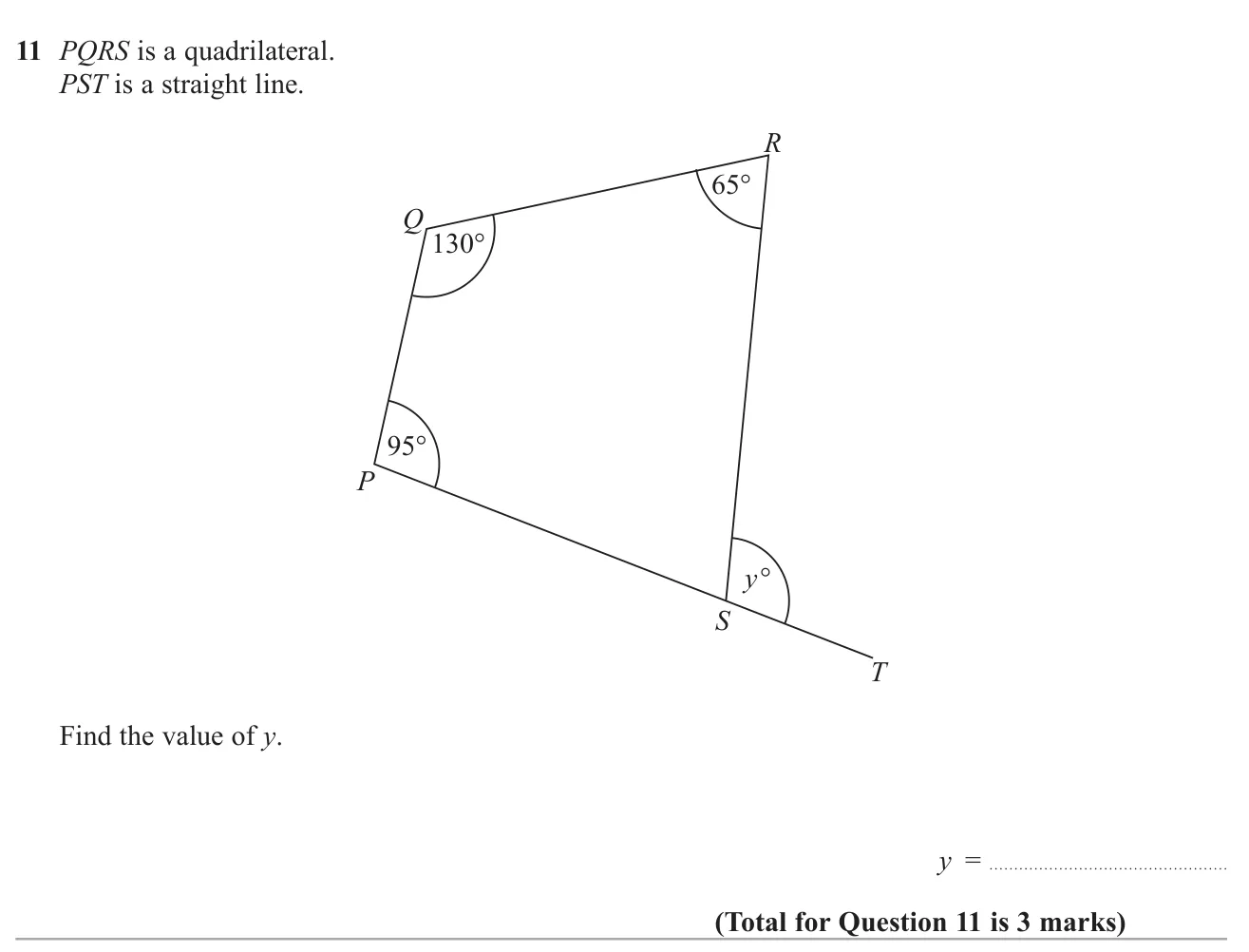 Use the angle sum of a quadrilateral and angles on a straight line to find an exterior angle.