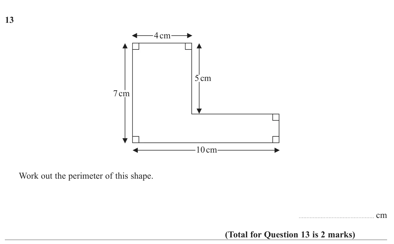 Find the perimeter of an L-shaped figure with two missing side lengths.