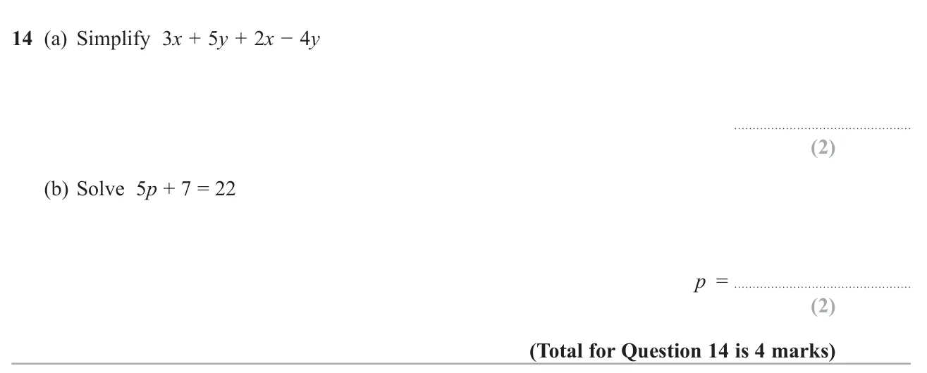 Collect like terms in an expression and solve a two-step linear equation.