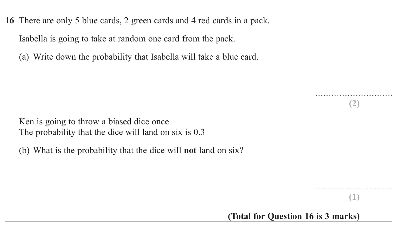 Find a probability from counts of coloured cards and use the fact that probabilities sum to 1.