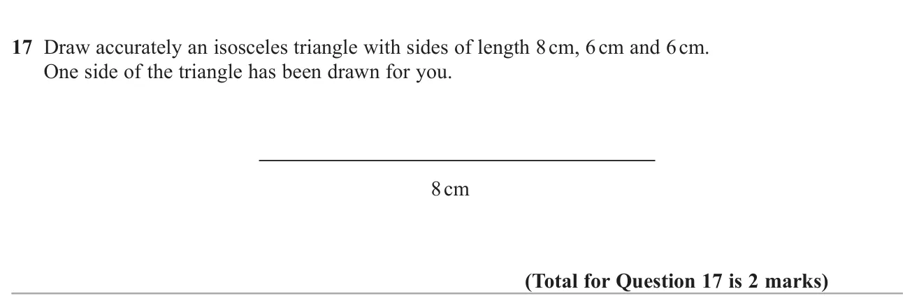 Construct an isosceles triangle accurately from its three side lengths using compasses.