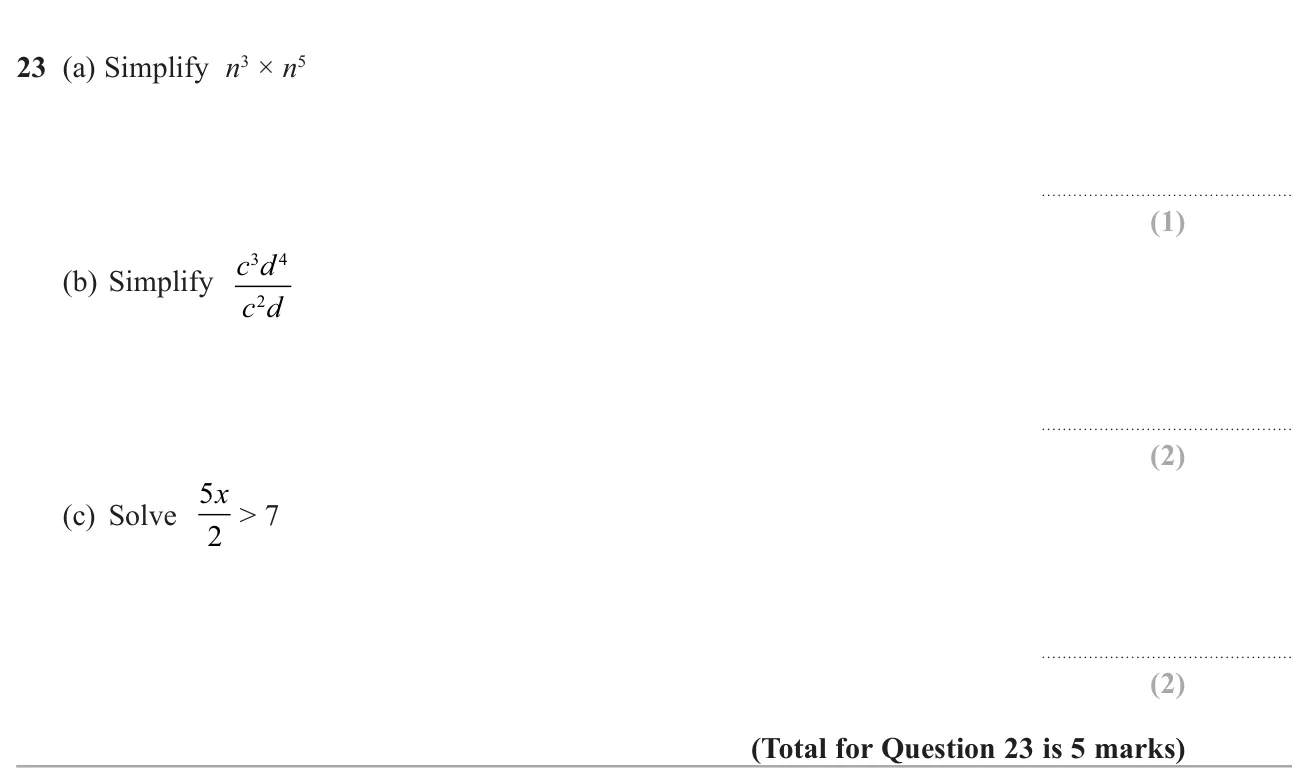 Simplify using index laws and solve a linear inequality with a fraction.