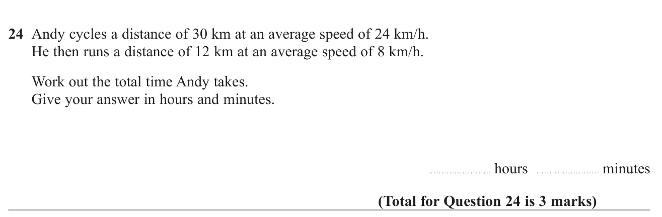 Find total time for two stages of a journey given distances and speeds, in hours and minutes.