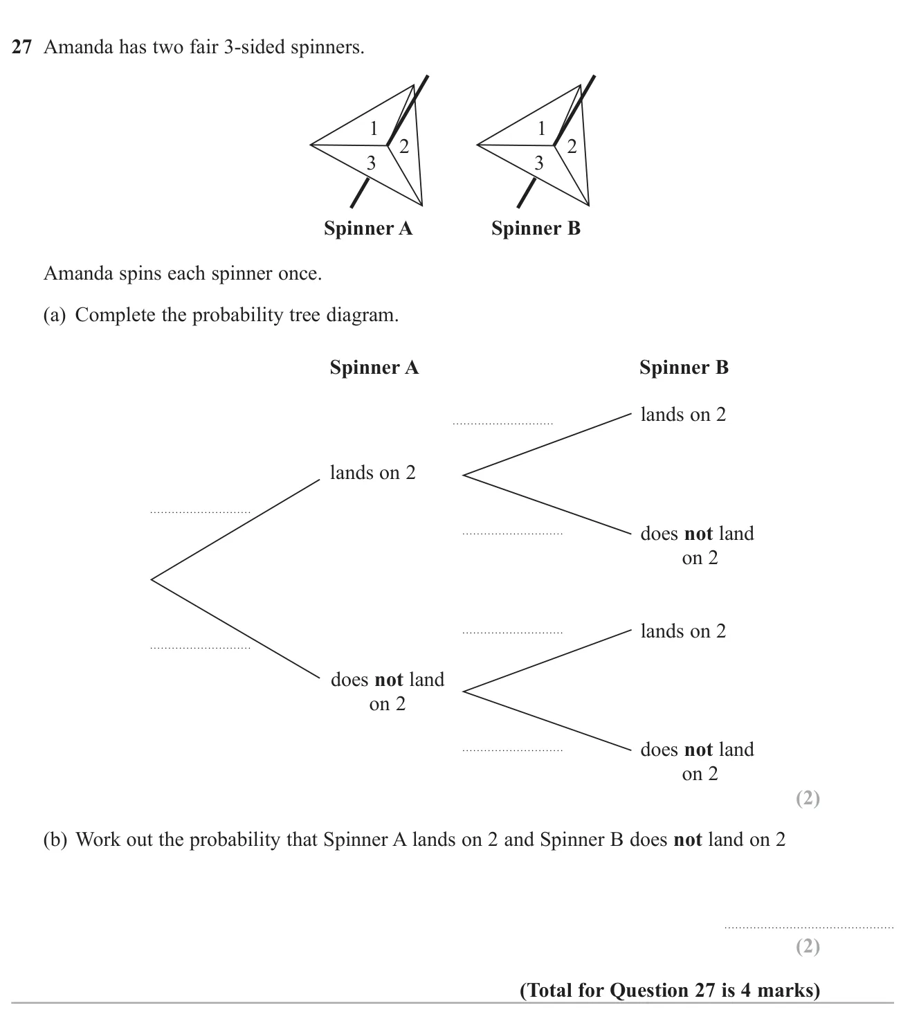 Complete a probability tree for two three-sided spinners and find the probability of one outcome on each.