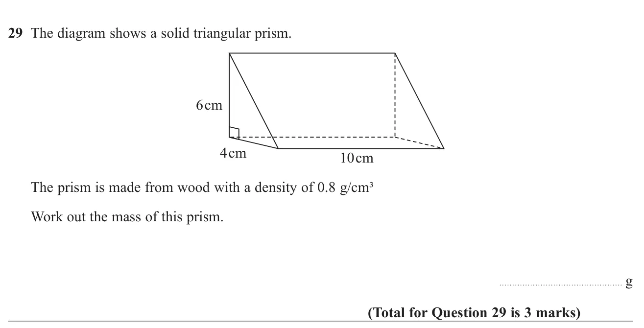Find the mass of a triangular prism from its dimensions and density.