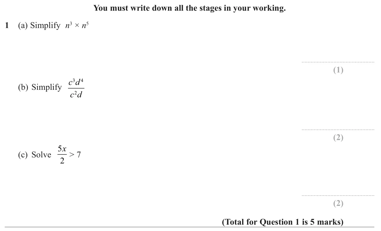 Simplify using index laws and solve a linear inequality with a fraction.