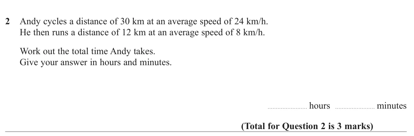 Find total time for two stages of a journey given distances and speeds, in hours and minutes.