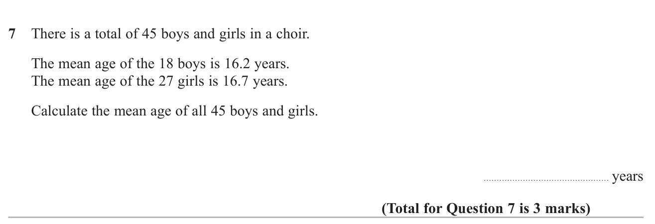 Combine the mean ages of a group of boys and a group of girls to find the mean age of the whole choir.