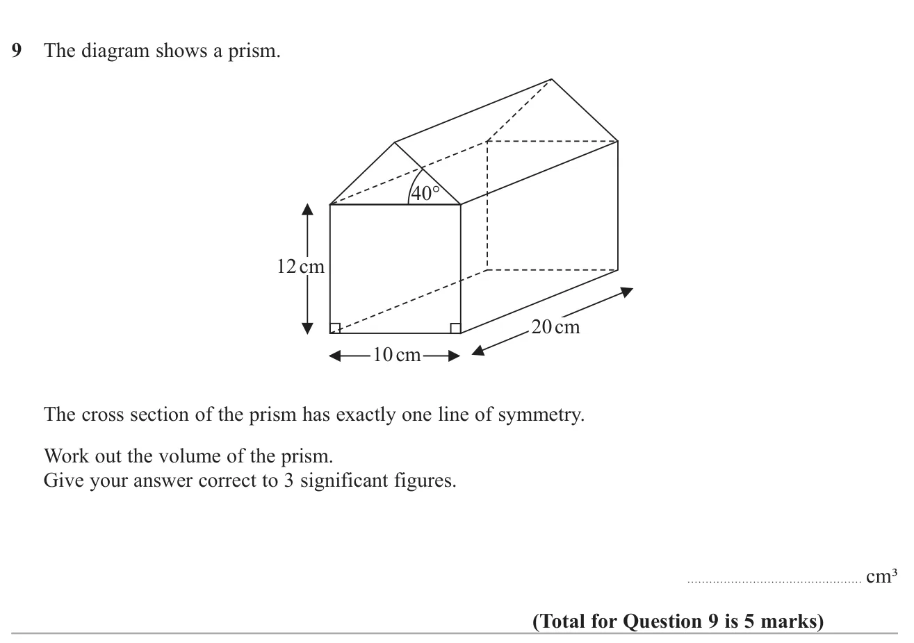 Find the volume of a prism whose cross-section is a rectangle topped by an isosceles triangle, using trigonometry for the triangle's height.