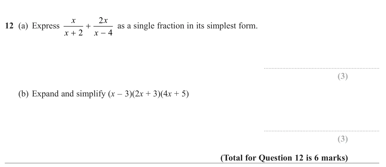 Add two algebraic fractions into one simplified fraction, and expand a product of three brackets.