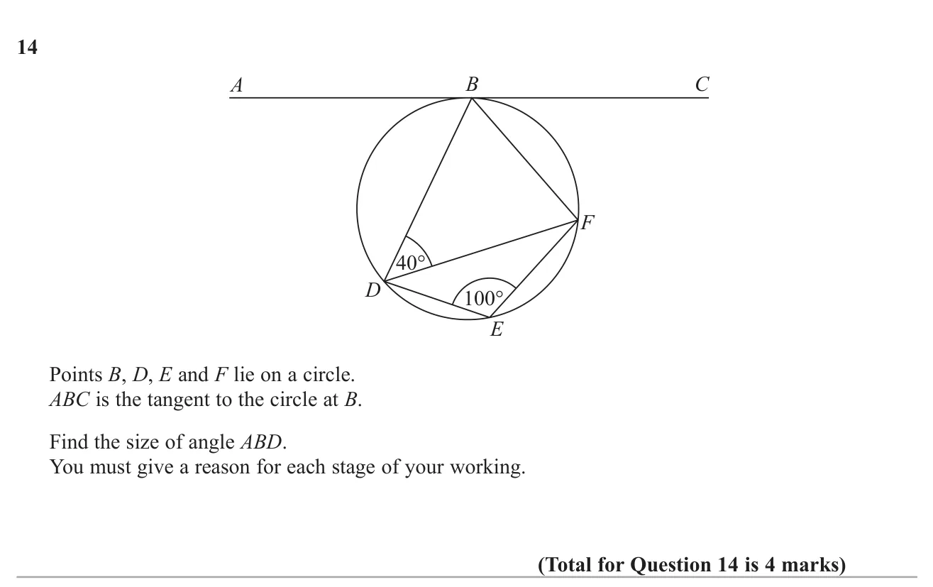 Use a cyclic quadrilateral, a triangle angle sum and the alternate segment theorem to find an angle between a tangent and a chord.