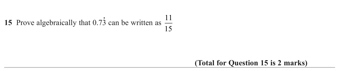 Prove algebraically that a recurring decimal equals a given fraction.