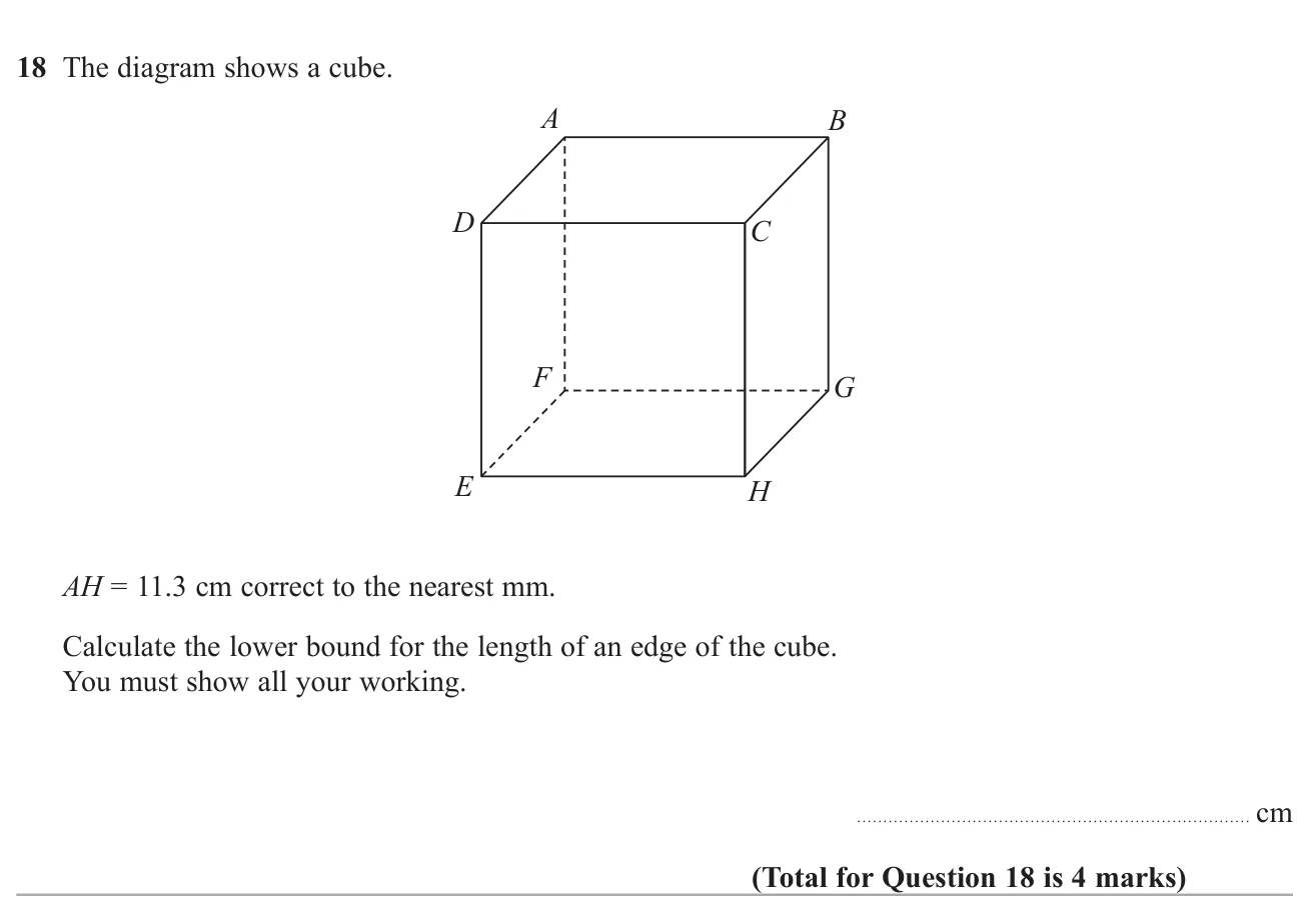 Find the lower bound of a cube's edge from the lower bound of its space diagonal using 3D Pythagoras.