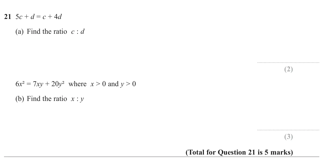 Rearrange a linear equation to find a ratio, then factorise a quadratic in two variables to find another ratio.