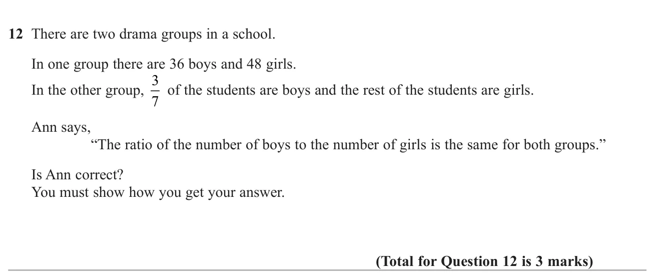 Decide whether two groups, one given as counts and one as a fraction of boys, have the same boy-to-girl ratio.