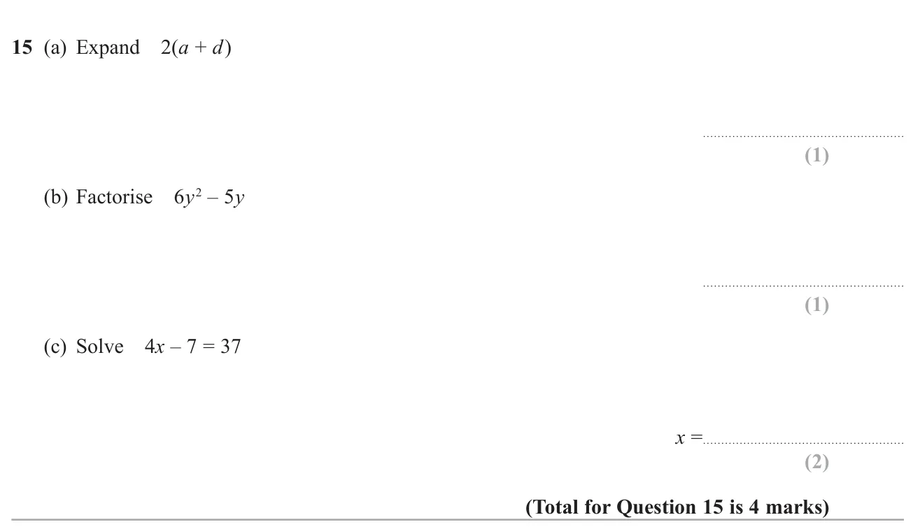 Expand a single bracket, factorise a two-term expression and solve a two-step linear equation.
