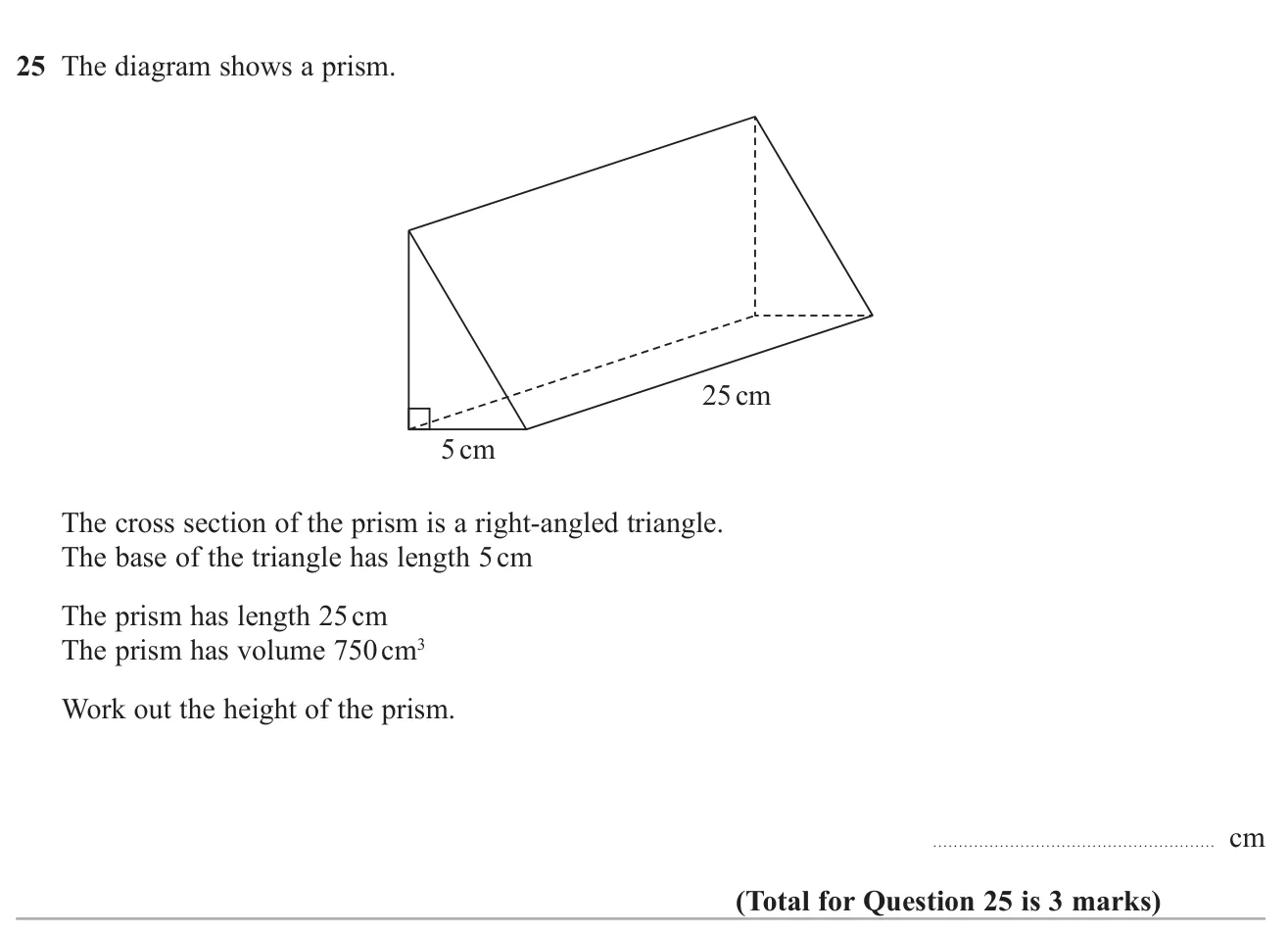 Find the height of a right-angled triangular prism from its volume, length and triangle base.