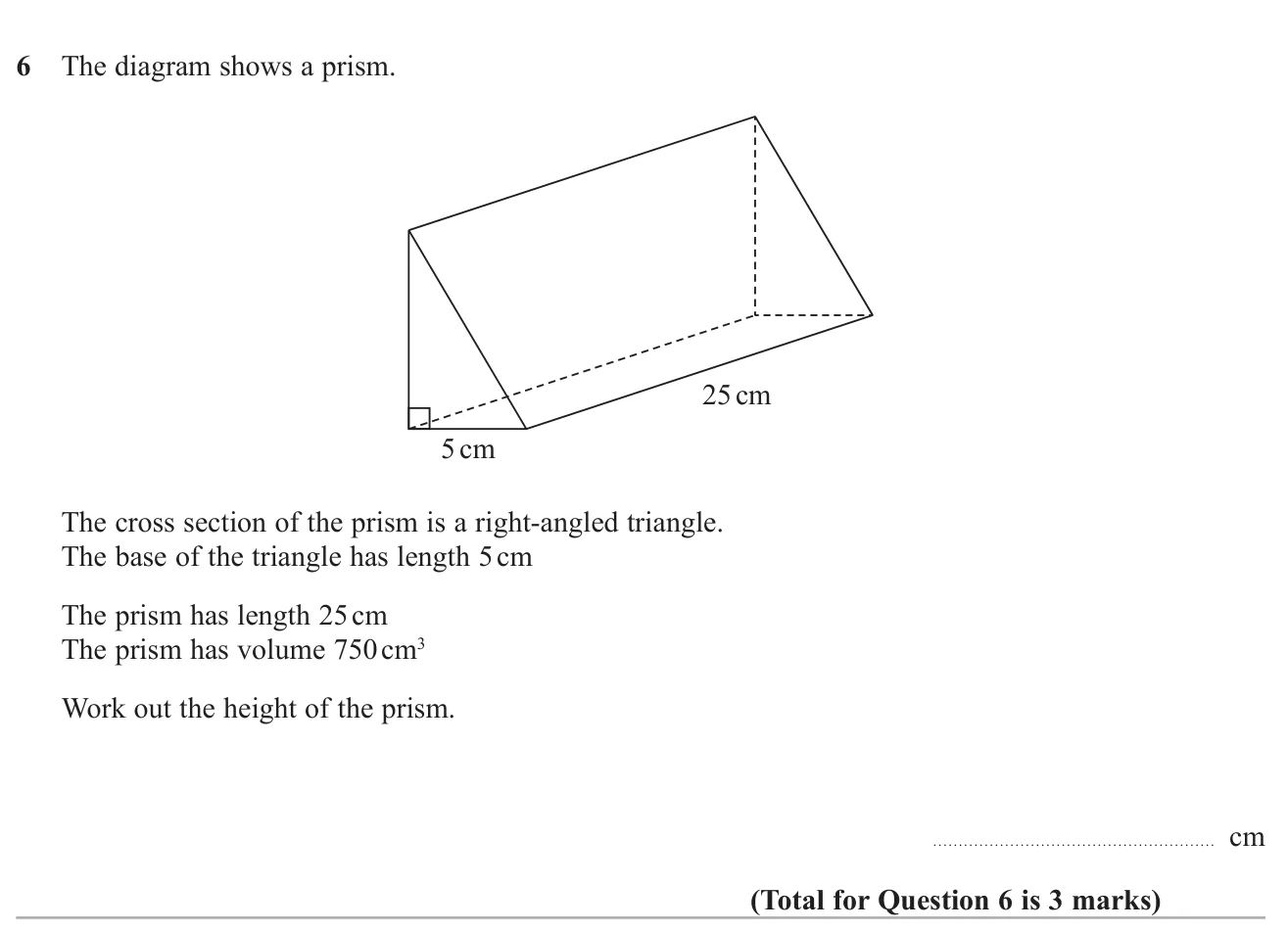 Find the height of a right-angled triangular prism from its volume, length and triangle base.