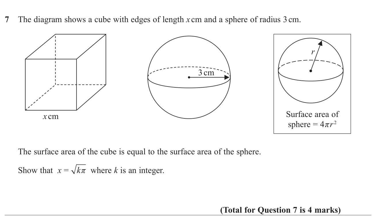 Set a cube's surface area equal to a sphere's surface area and show the edge is the square root of an integer times π.