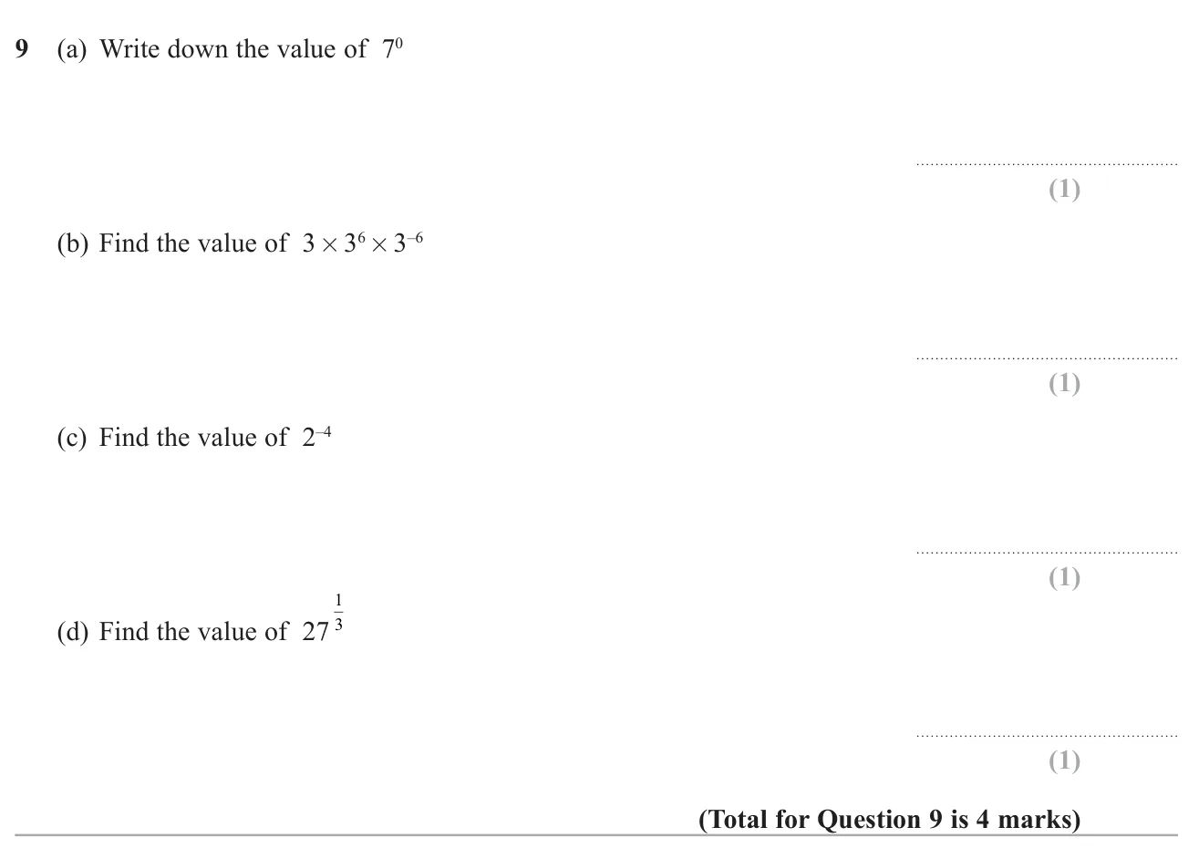 Evaluate a zero power, a product of powers of 3, a negative power of 2 and a fractional power of 27.