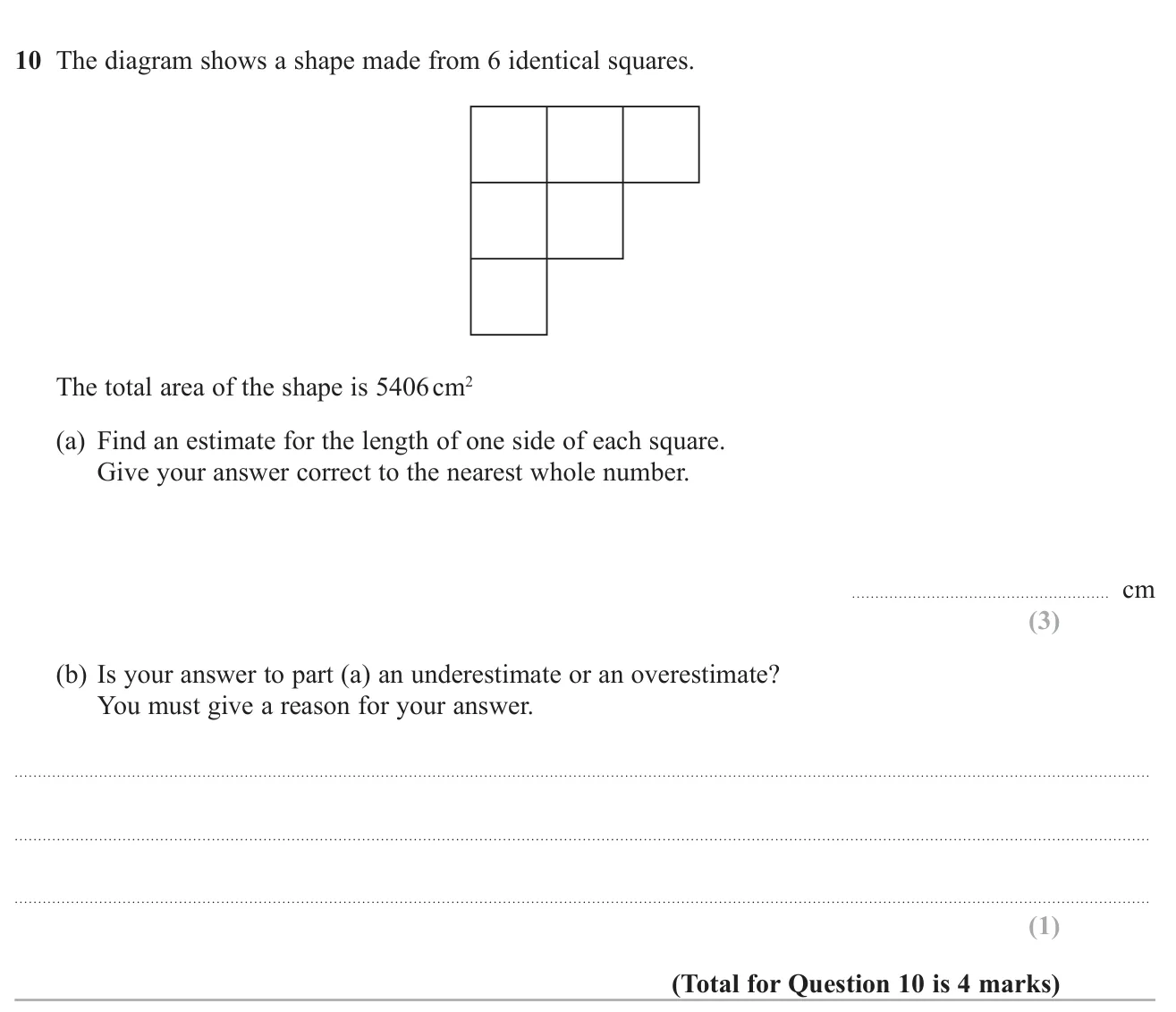 Estimate the side of each of six equal squares from the total area, then judge whether the estimate is too big or too small.