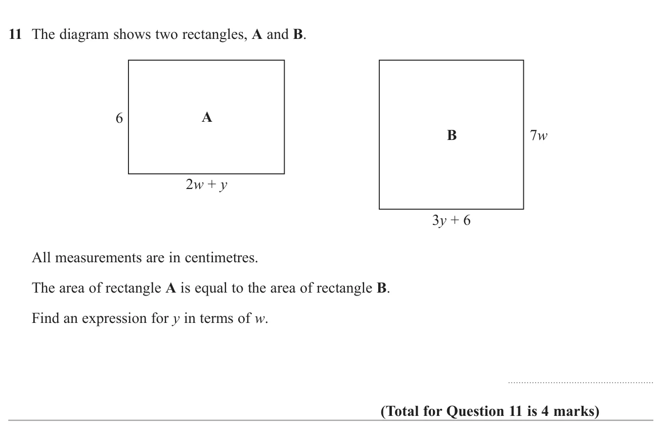 Equate the areas of two rectangles with algebraic sides and make y the subject.
