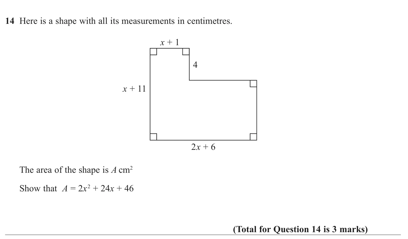 Split an L-shape with algebraic side lengths into rectangles and show its area gives a given quadratic.