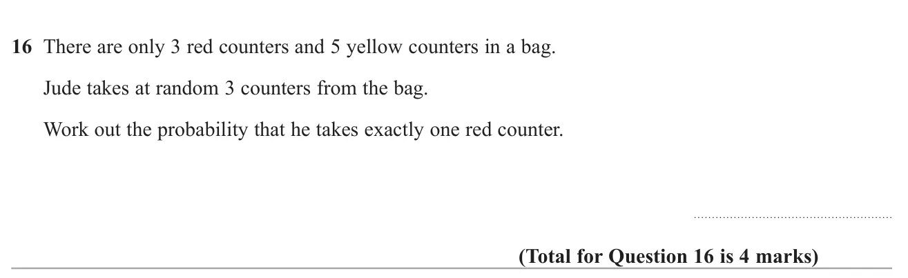 Find the probability of getting exactly one red when three counters are taken without replacement.