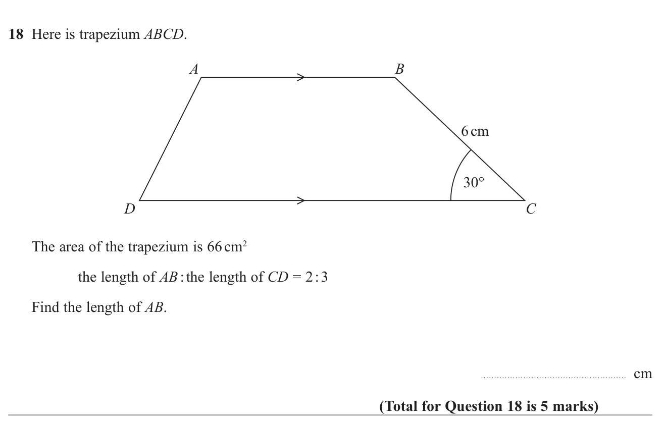 Use trigonometry to find the height of a trapezium, then use its area and the ratio of its parallel sides to find the shorter side.